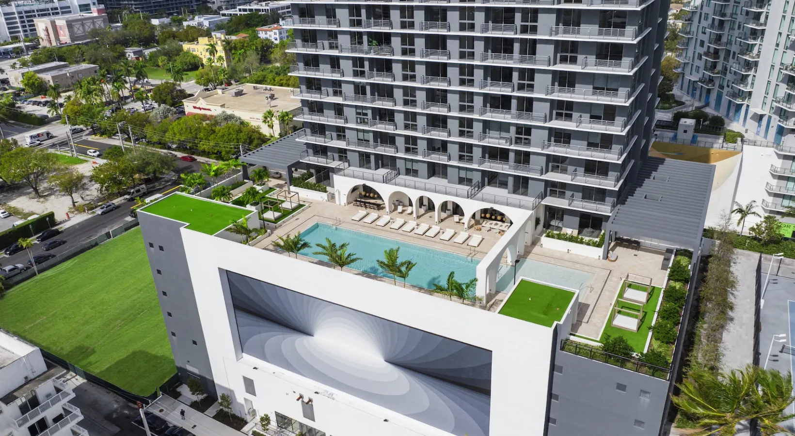 Aerial view showcasing our waterfront location